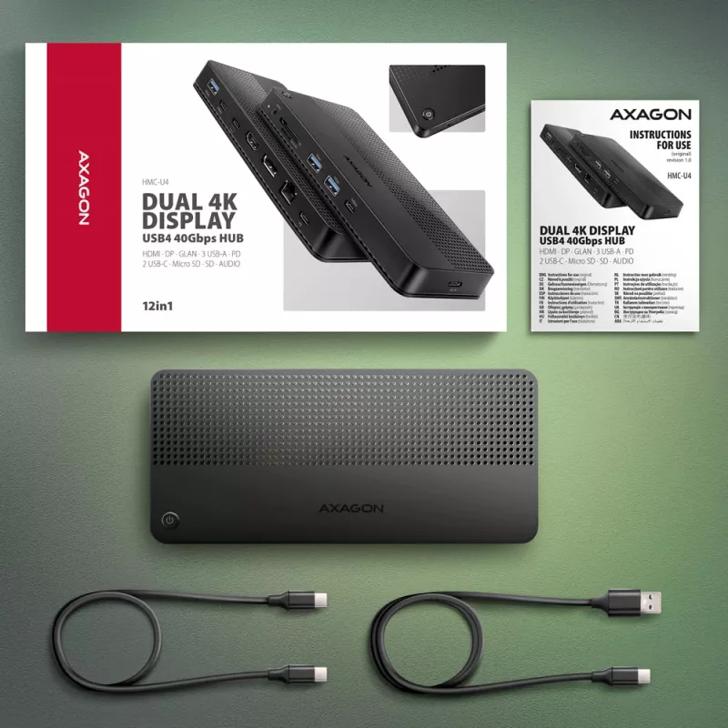 Axagon HMC-U4 USB4-dock, 3x USB-A, 2x USB-C, HDMI & DP 8K/30Hz, RJ-45, SD/mSD, audio, PD 100W