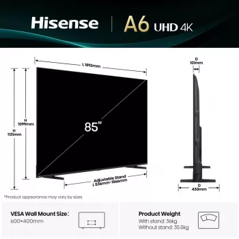 Hisense 85A6Q tv 2,16 m (85 inch) 4K Ultra HD Smart TV Wi-Fi zwart 400 cd/m²