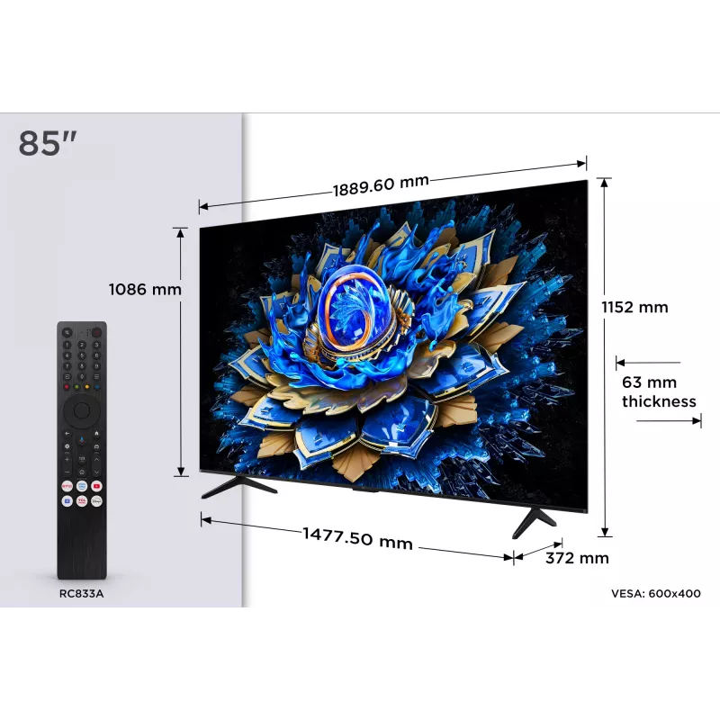 TCL 85T69C 85" (216 cm) 4K Ultra HD QLED smart-tv, Google TV, Wi-Fi, zwart
