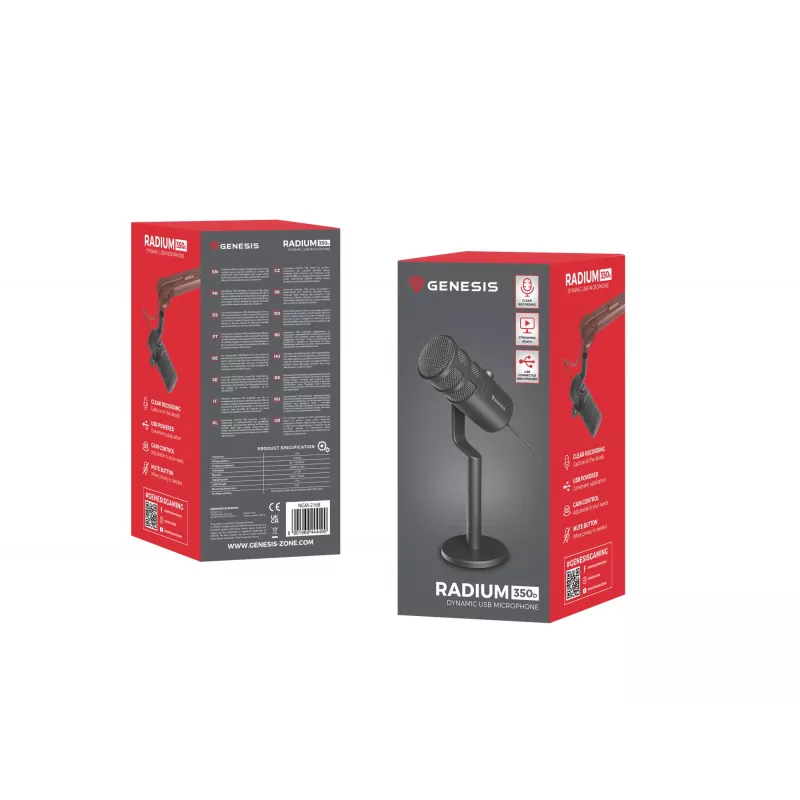 Bedrade pc-microfoon GENESIS Radium 350D – USB Type-A/Type-C, -48 dB gevoeligheid, 16–14.000 Hz, 2,5 m kabel, zwart