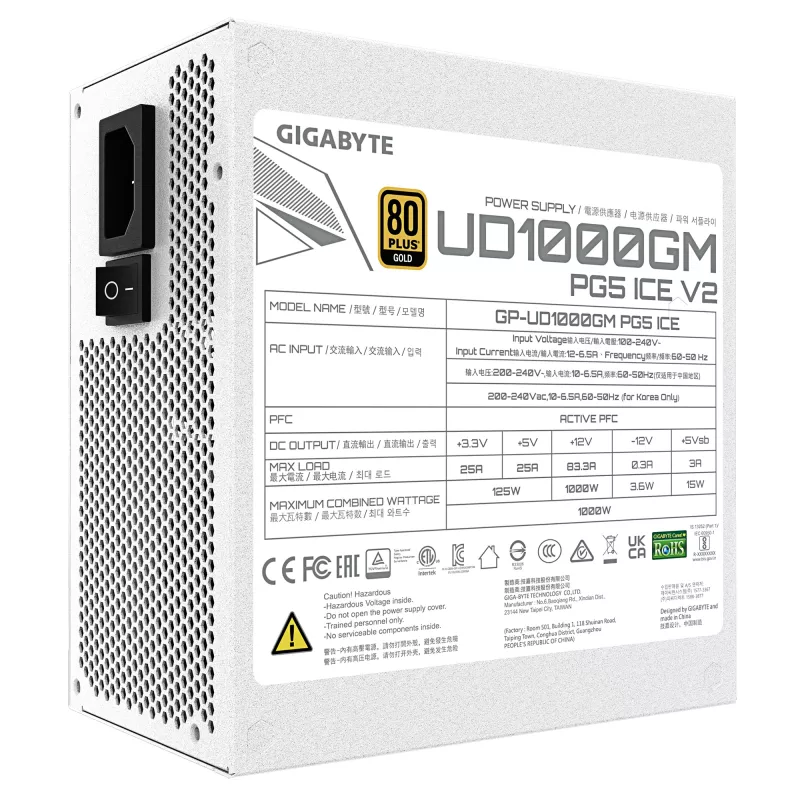 Voeding GIGABYTE UD1000GM PG5 V2 1000W ATX 3.1 volledig modulair 80 PLUS Gold wit