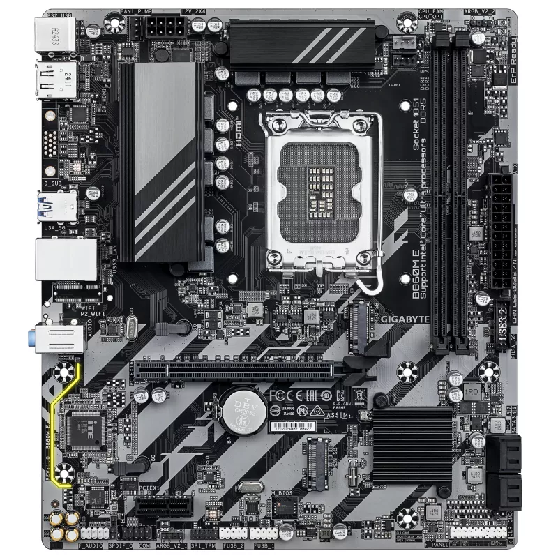 Micro-ATX-moederbord GIGABYTE B860M E — LGA 1851 voor Intel Core Ultra, DDR5 tot 8800 MHz (O.C.), 2×PCIe 4.0 M.2, 1GbE