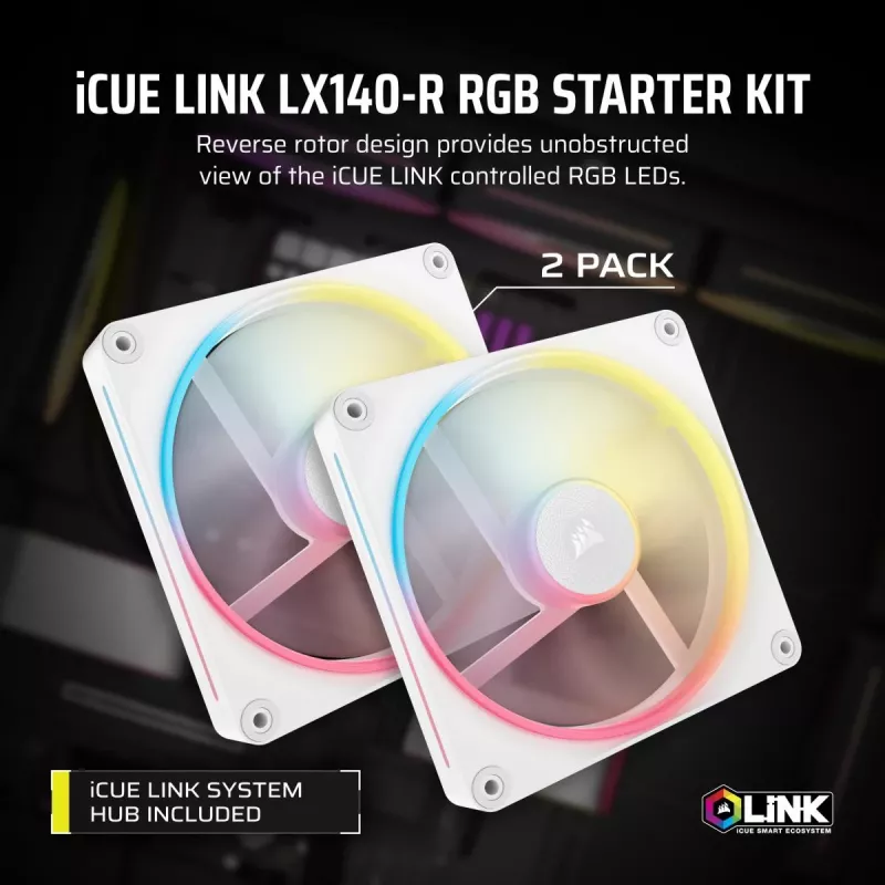 CORSAIR Icue Link Lx140-r RGB 140mm PWM Reverse ventilator starterkit - wit
