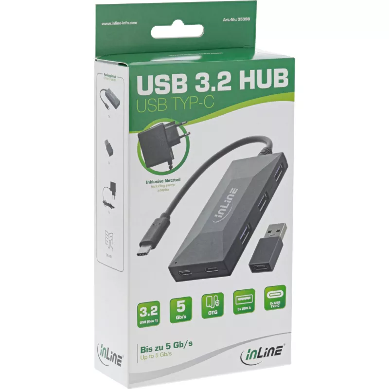 InLine USB 3.2 Gen.1 hub, USB-C naar 2 poorten USB-C en 3 poorten USB-A, met voeding