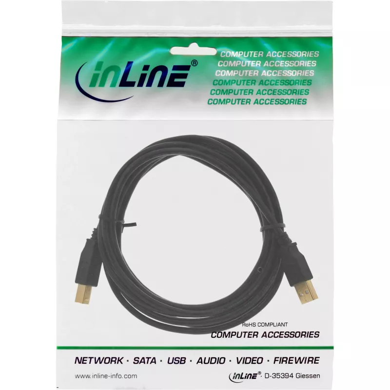 InLine 34518S USB 2.0-kabel type A male / type B male, verguld, 2 m, zwart