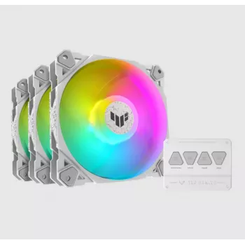 Luchtkoeler ASUS TUF GAMING TF120 ARGB WHITE EDITION — 3× 120 mm ventilatoren, 1900 tpm, 29 dB, afstandsbediening