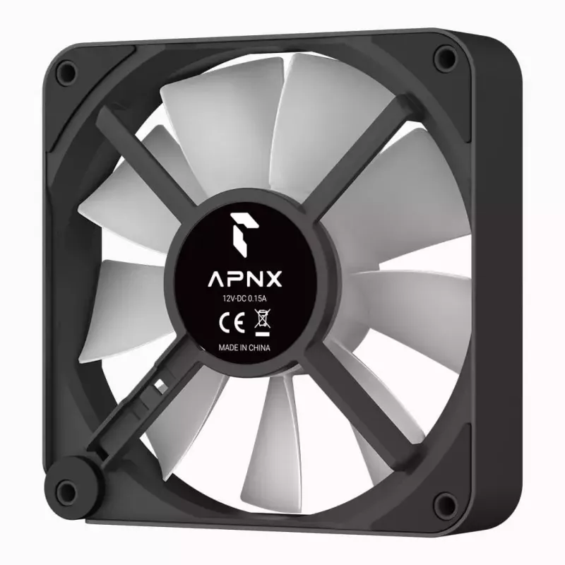 APNX FP2-120 PWM ARGB behuizingsventilator, 120 mm, 500–1800 tpm, 83,85 CFM, 34,8 dB, zwart