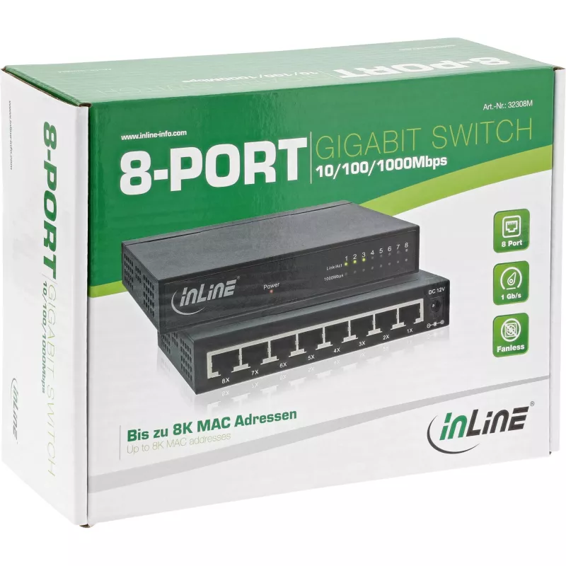 InLine netwerkswitch 8-poorts, 1 Gbit/s, desktop, metaal, ventilatorloos, afgeschermde poorten