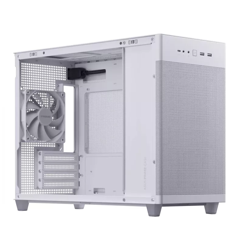 Pc-behuizing ASUS Prime AP201 MicroATX Mini Tower wit — ondersteunt microATX, GPU tot 338 mm, 3×3,5-inch + 1×2,5-inch drives, USB-A 3.2 Gen1×2, USB-C 3.2 Gen2×1