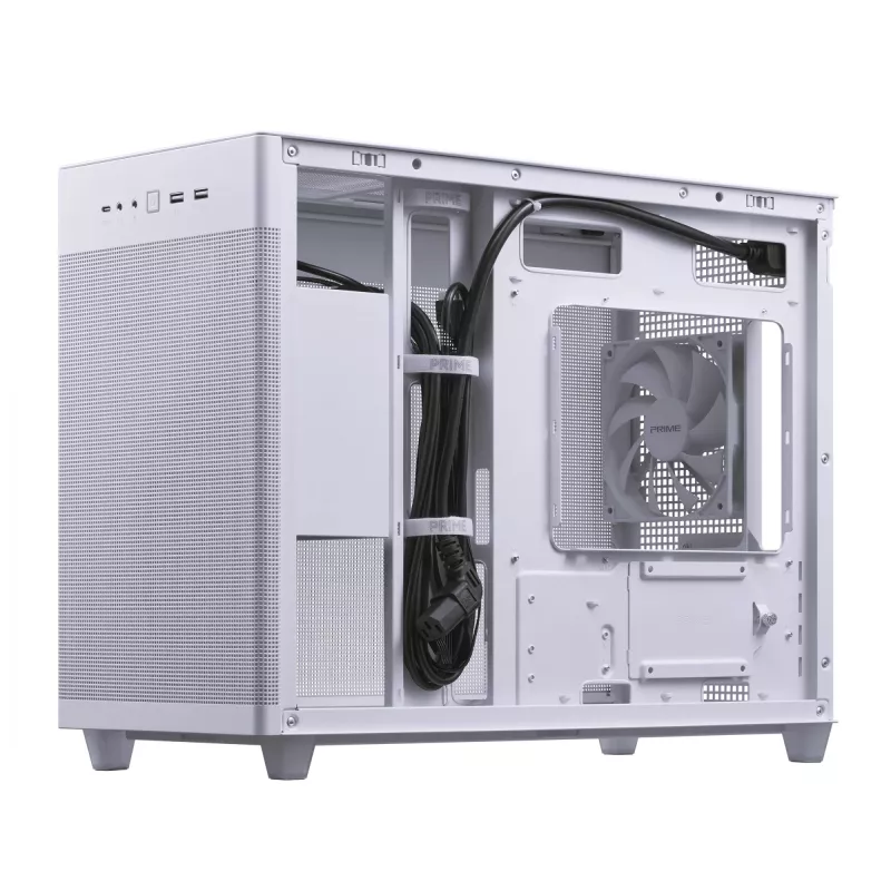 Pc-behuizing ASUS Prime AP201 MicroATX Mini Tower wit — ondersteunt microATX, GPU tot 338 mm, 3×3,5-inch + 1×2,5-inch drives, USB-A 3.2 Gen1×2, USB-C 3.2 Gen2×1