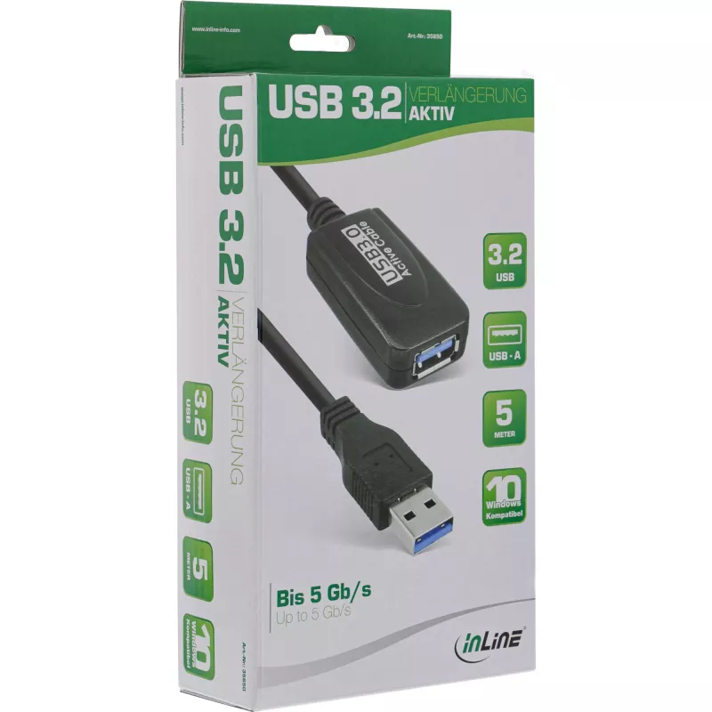 InLine USB3.2 Gen.1 actieve repeaterkabel type A stekker / bus, zwart, 5m