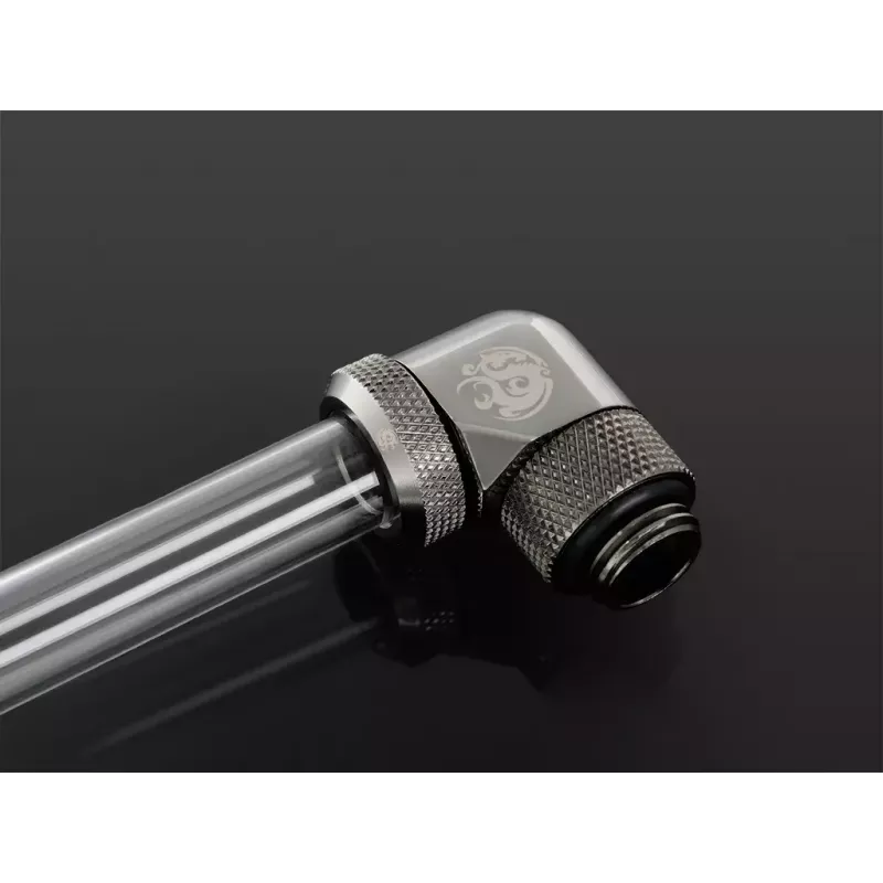 Bitspower Multi-Link adapter 90°, G1/4 buitendraad naar 12 mm OD harde buis, draaibaar, grijs (BP-BSE90RML)