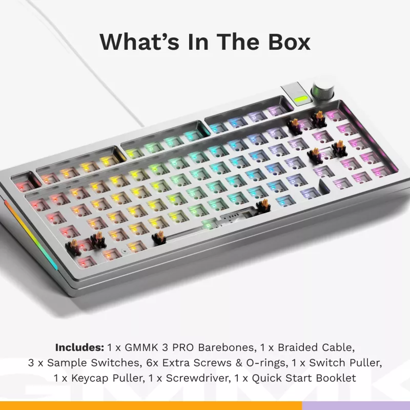 Glorious Gaming GMMK 3 PRO 75% Barebones Wired Silver - US, 75%, bedraad, USB, RGB LED, zilver