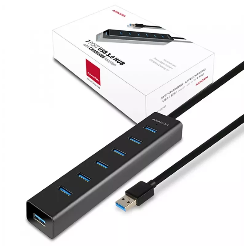 Axagon HUE-SA7BP 7x USB 3.0 ALU LAADHUB zwart incl. voeding