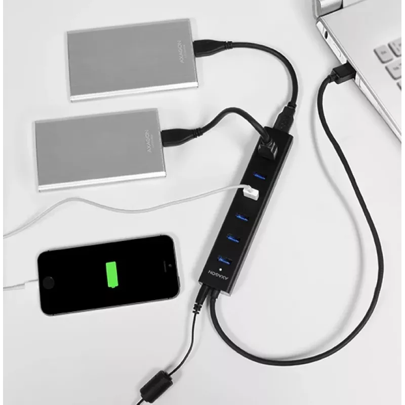 Axagon HUE-SA7BP 7x USB 3.0 ALU LAADHUB zwart incl. voeding