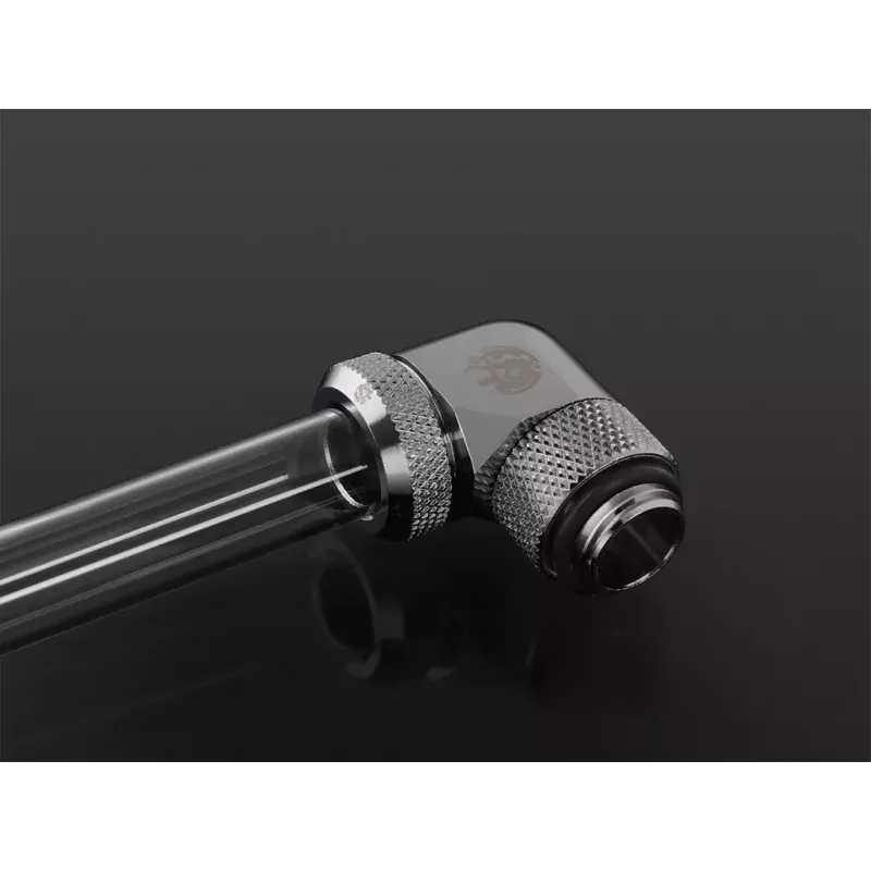 Vloeistofkoelingsaansluitstuk BitsPower BP-E90RML — 90°-draaigewricht van messing, 1/4-inch schroefdraad, zilver