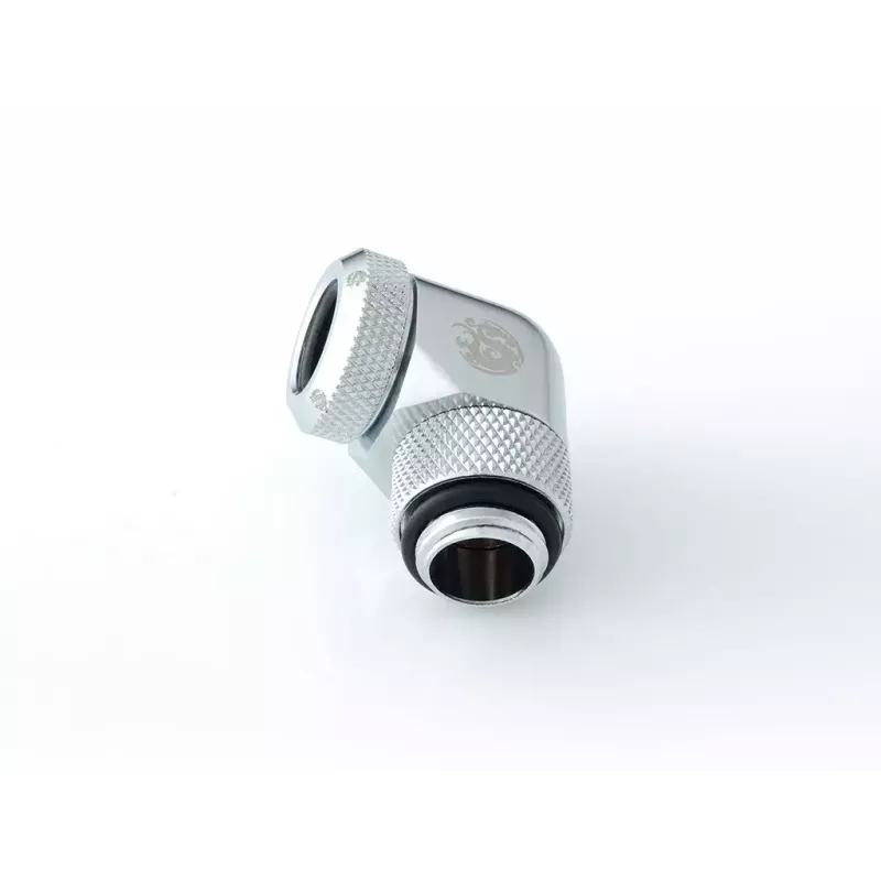 Vloeistofkoelingsaansluitstuk BitsPower BP-E90RML — 90°-draaigewricht van messing, 1/4-inch schroefdraad, zilver