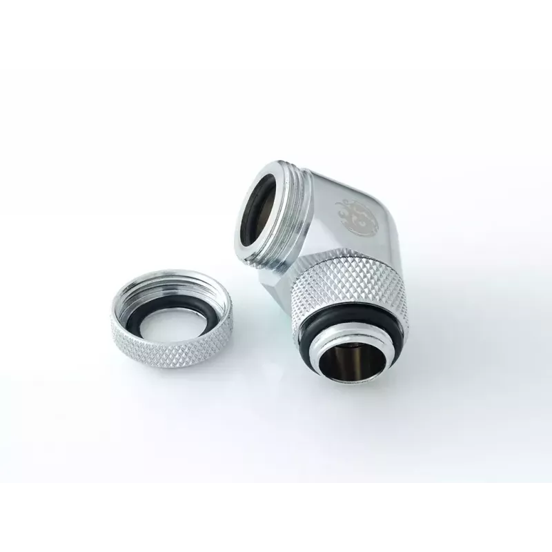 Vloeistofkoelingsaansluitstuk BitsPower BP-E90RML — 90°-draaigewricht van messing, 1/4-inch schroefdraad, zilver
