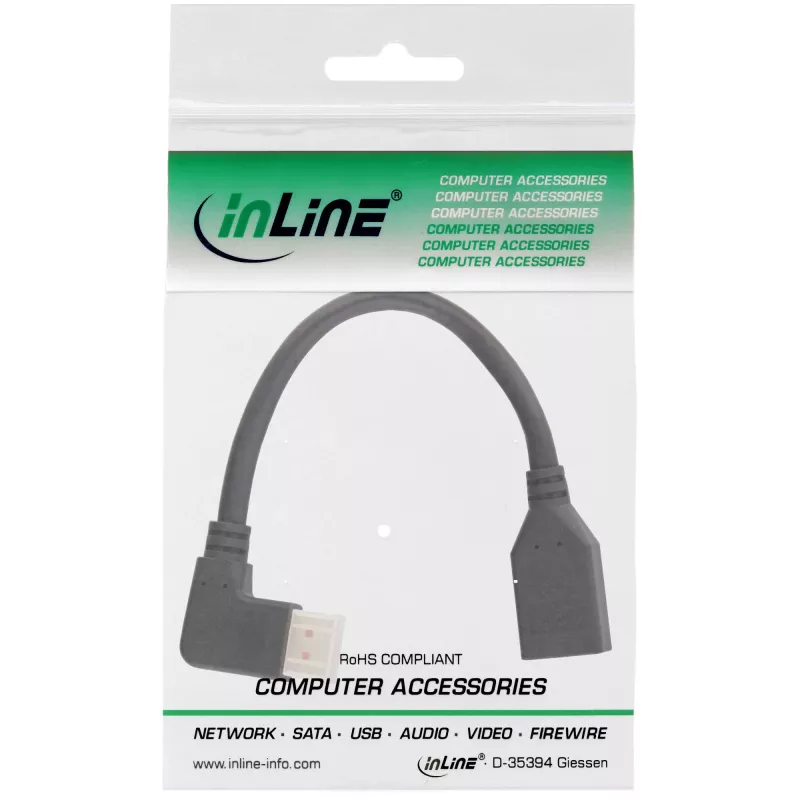 InLine DisplayPort 1.4 adapterkabel M/F, 8K4K, links haaks, zwart/goud, 0,15m
