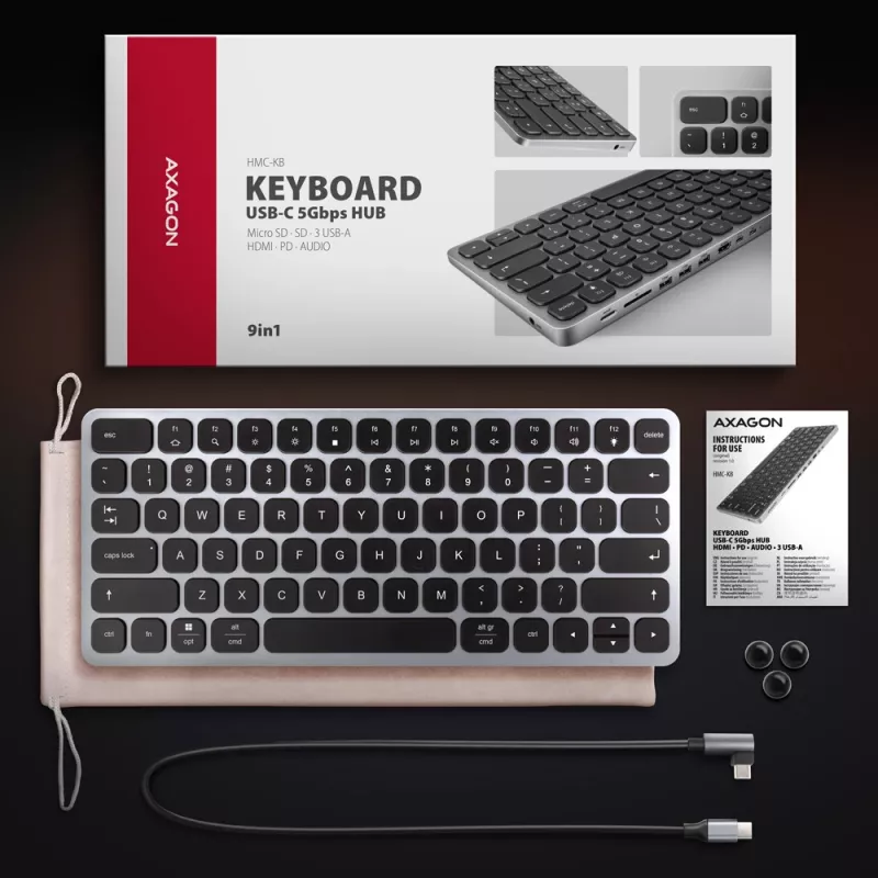 Axagon HMC-KB-US, USB 5Gbps-hub met toetsenbord, HDMI 4K/60Hz, 3x USB-A, SD/mSD, audio, PD 100, US-indeling