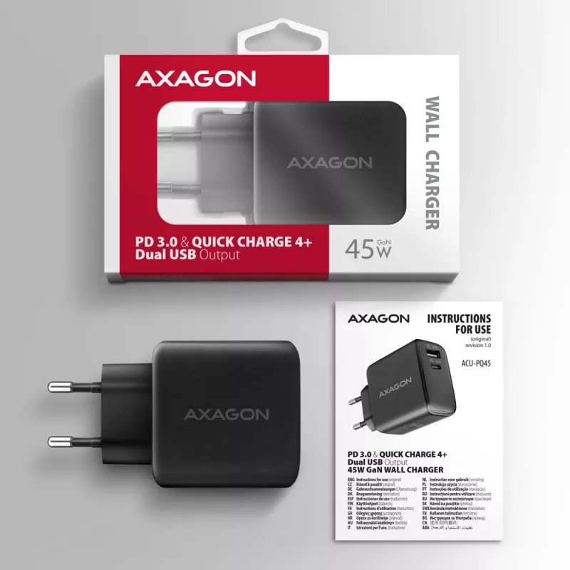 Oplader Axagon ACU-PQ45 QC 3.0 4.0 AFC FCP PPS PD 45W zwart