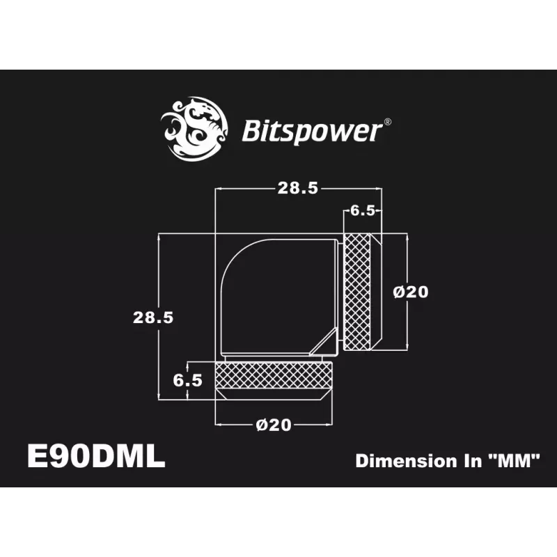 Compressiehoek BitsPower Carbon zwart BP-CBE90DML — messing 90°-fitting, zwarte carbonlook, 1 stuk