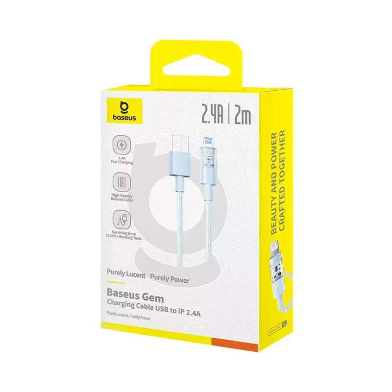 USB-kabel Baseus Gem P10373003311-01 — 2 m, 2,4 A, Lightning naar USB-A, nylon omhulling, blauw