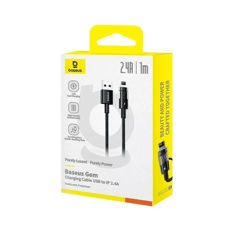 USB-laadkabel Baseus Gem P10373003111-00, 1 m, 2,4 A, nylon omhulling, Lightning, USB-A, Zwart