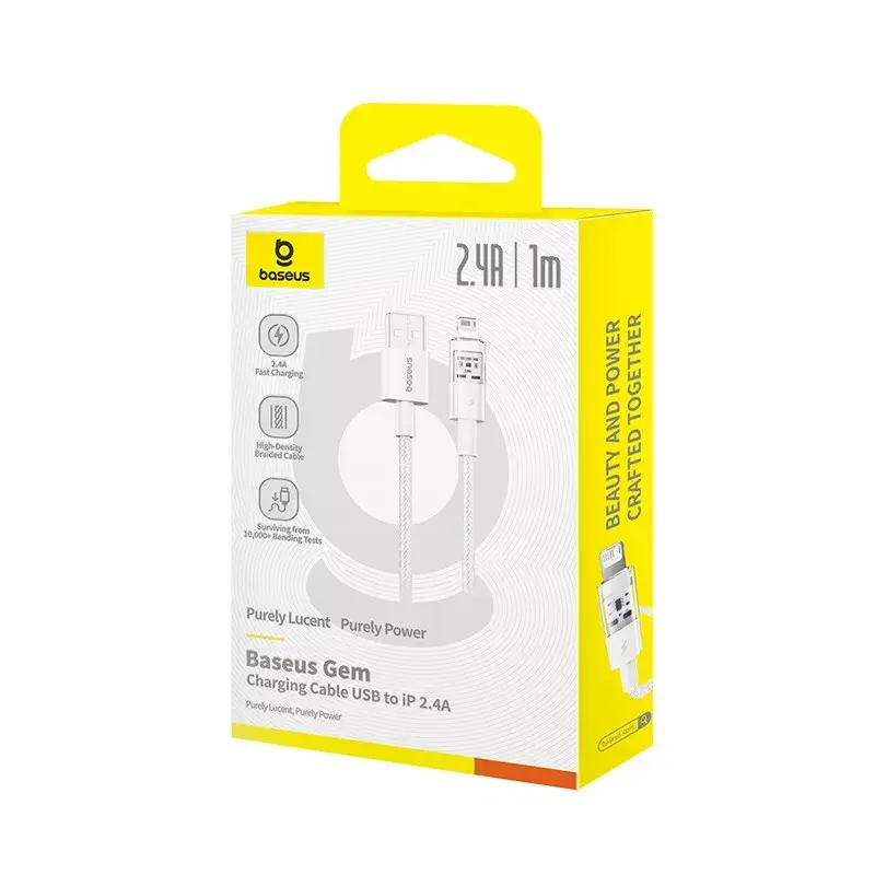 USB-laadkabel Baseus Gem P10373003211-00, 1 m, 2,4 A, Lightning/USB-A, Wit, nylon omhulling