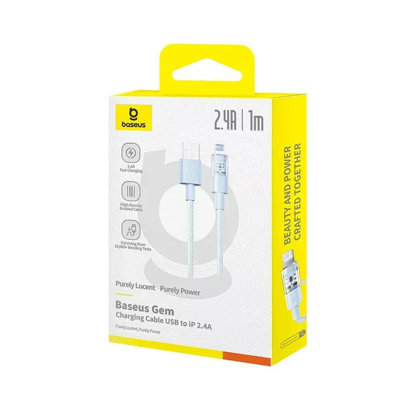 USB-kabel Baseus Gem P10373003311-00 — 1 m, 2,4 A snelladen, Lightning/USB-A, blauw, nylon omhulling