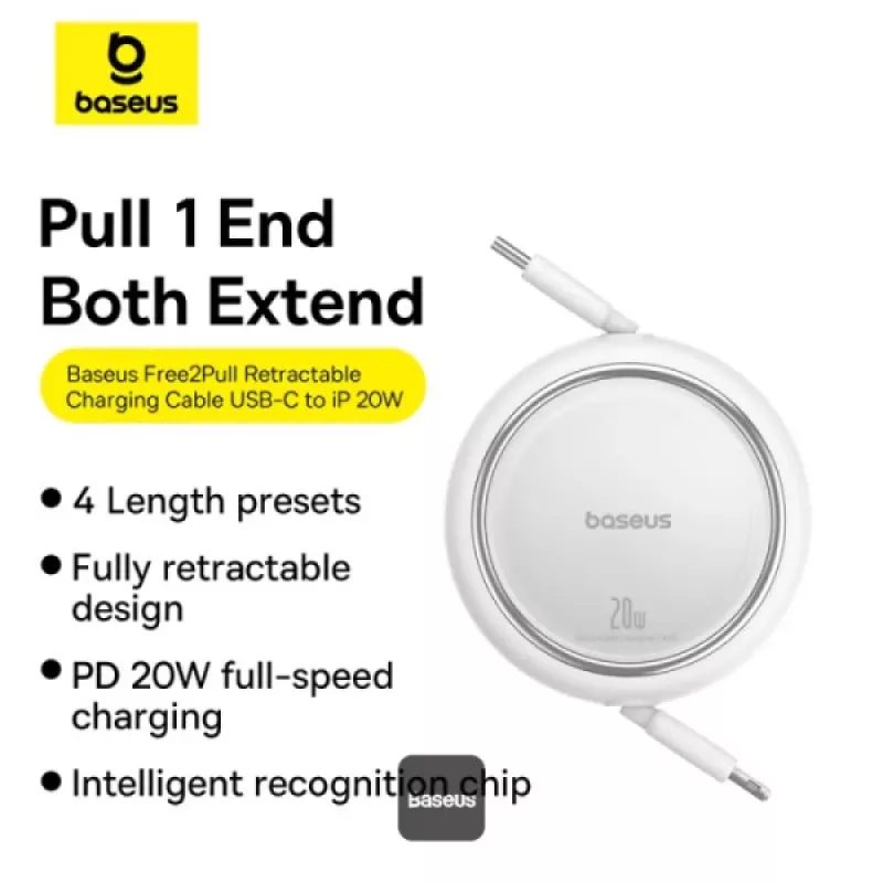BASEUS Free2pull uitschuifbare USB-C naar IP Lightning snellaadkabel 1 m 20 W Wit
