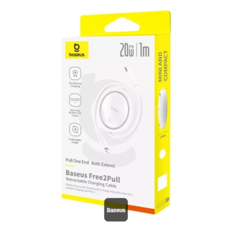 BASEUS Free2pull uitschuifbare USB-C naar IP Lightning snellaadkabel 1 m 20 W Wit