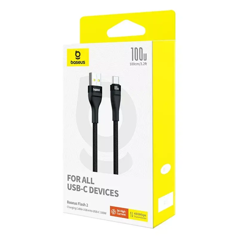 USB-A-naar-USB-C-kabel Baseus Flash 2 1m 100W zwart, USB PD, 480 Mbit/s, nylon