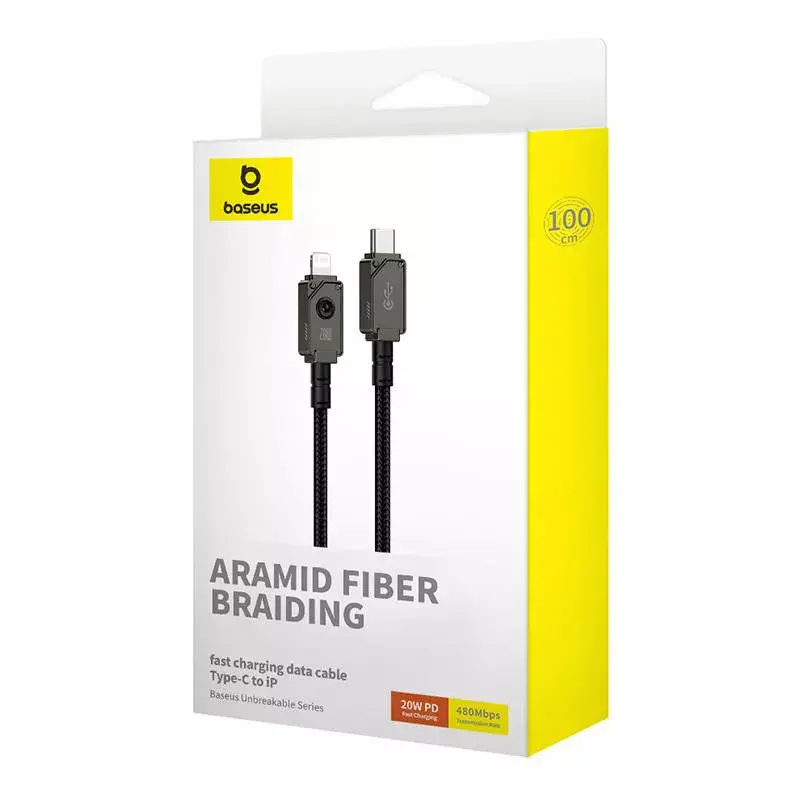 USB-C-naar-Lightning-kabel Baseus Unbreakable 1m 20W – aramidevezel, 480 Mbit/s, zwart