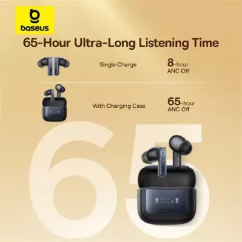True Wireless in-ear-koptelefoon Baseus 35 True — Bluetooth 5.3, ANC, 8 uur afspelen (ANC uit), 65 uur met oplaadcase, 800 mAh oplaadcase, USB-C, zwart