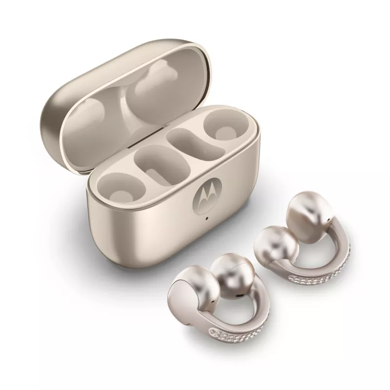 Headset Motorola Moto Buds Loop Bluetooth ear-clip-on binaural, Dolby Atmos, Bluetooth 5.0, ANC, 8 uur afspelen, oplaadcase 520 mAh, beige