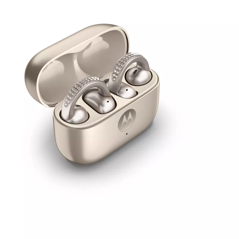 Headset Motorola Moto Buds Loop Bluetooth ear-clip-on binaural, Dolby Atmos, Bluetooth 5.0, ANC, 8 uur afspelen, oplaadcase 520 mAh, beige