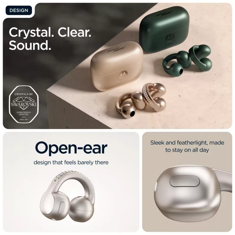 Headset Motorola Moto Buds Loop Bluetooth ear-clip-on binaural, Dolby Atmos, Bluetooth 5.0, ANC, 8 uur afspelen, oplaadcase 520 mAh, beige
