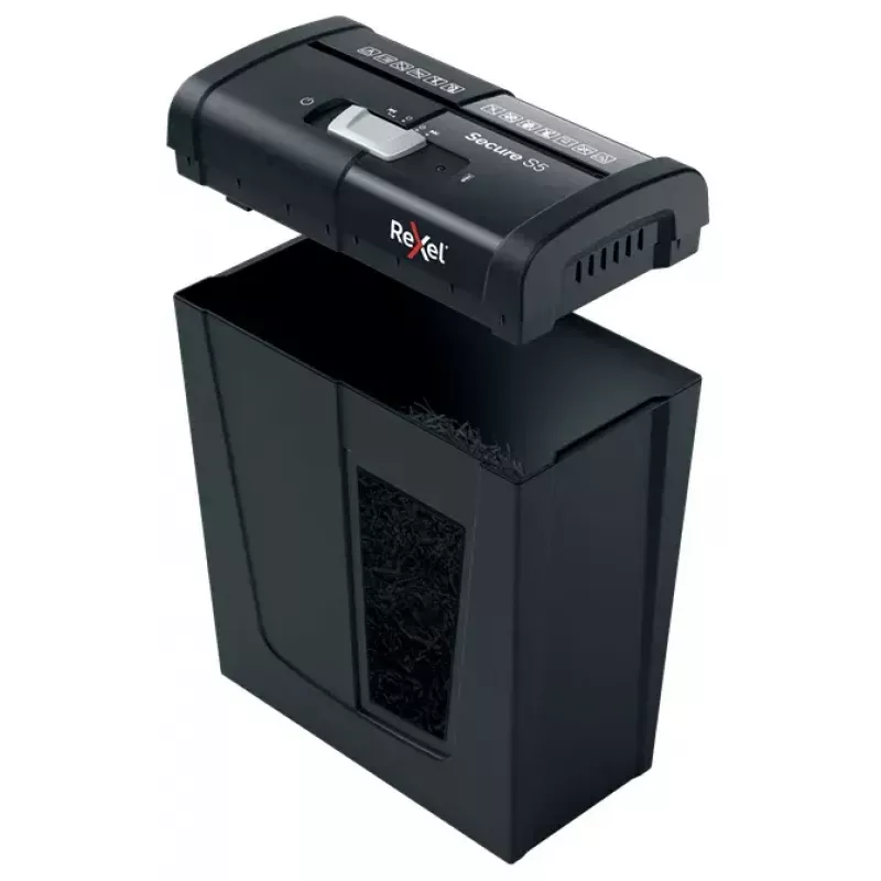 Papiervernietiger REXEL Secure S5 — strokenversnippering, capaciteit 5 vel, 6 mm snede, 10 L bak, P-2 veiligheid, zwart
