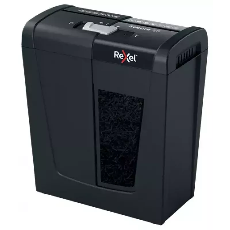 Papiervernietiger REXEL Secure S5 — strokenversnippering, capaciteit 5 vel, 6 mm snede, 10 L bak, P-2 veiligheid, zwart