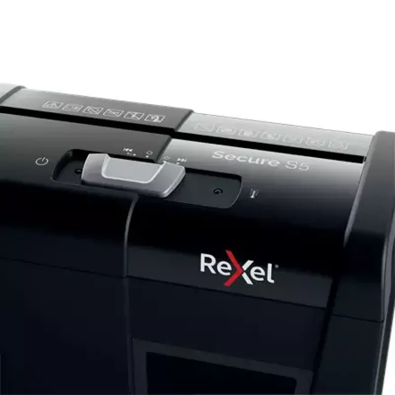Papiervernietiger REXEL Secure S5 — strokenversnippering, capaciteit 5 vel, 6 mm snede, 10 L bak, P-2 veiligheid, zwart