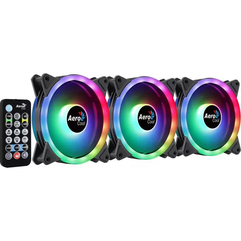 Aerocool DUO12PRO kit 3x ventilator 12 cm ARGB LED dual-ring antivibratie 6 pins, zwart