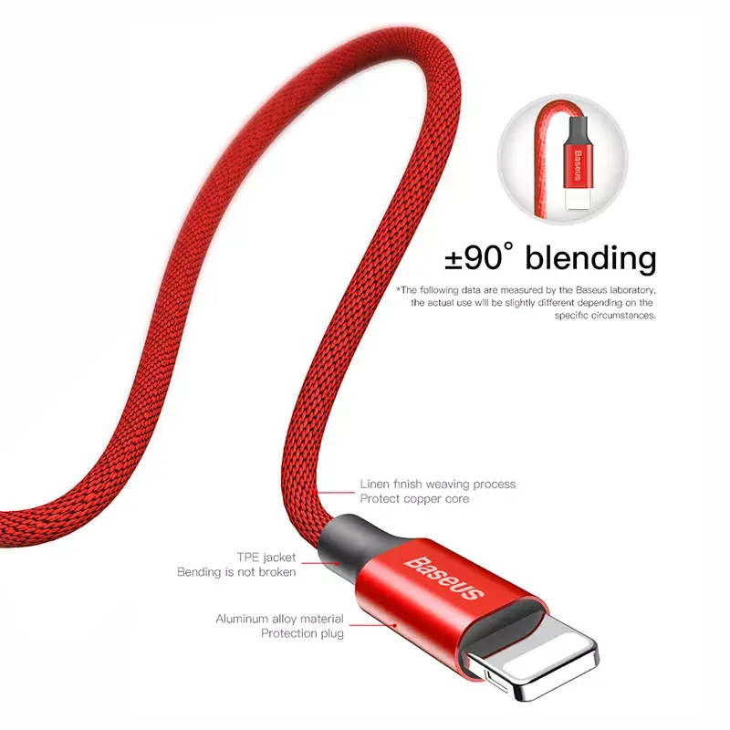 USB-A naar Lightning kabel Baseus Yiven 1,8 m, 2 A uitgang, rood, mantel van thermoplastisch elastomeer