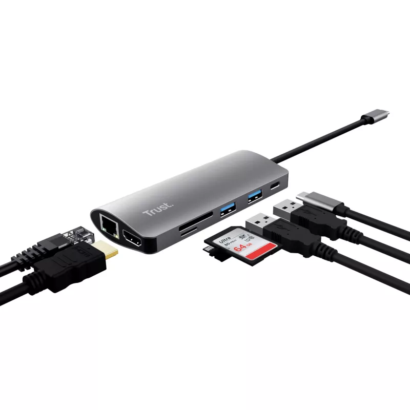 Trust Dalyx 23775 7-in-1 USB-C-multiportadapter, USB-C 3.2, HDMI, RJ-45 Gigabit Ethernet, SD/microSD-kaartlezer, zilver