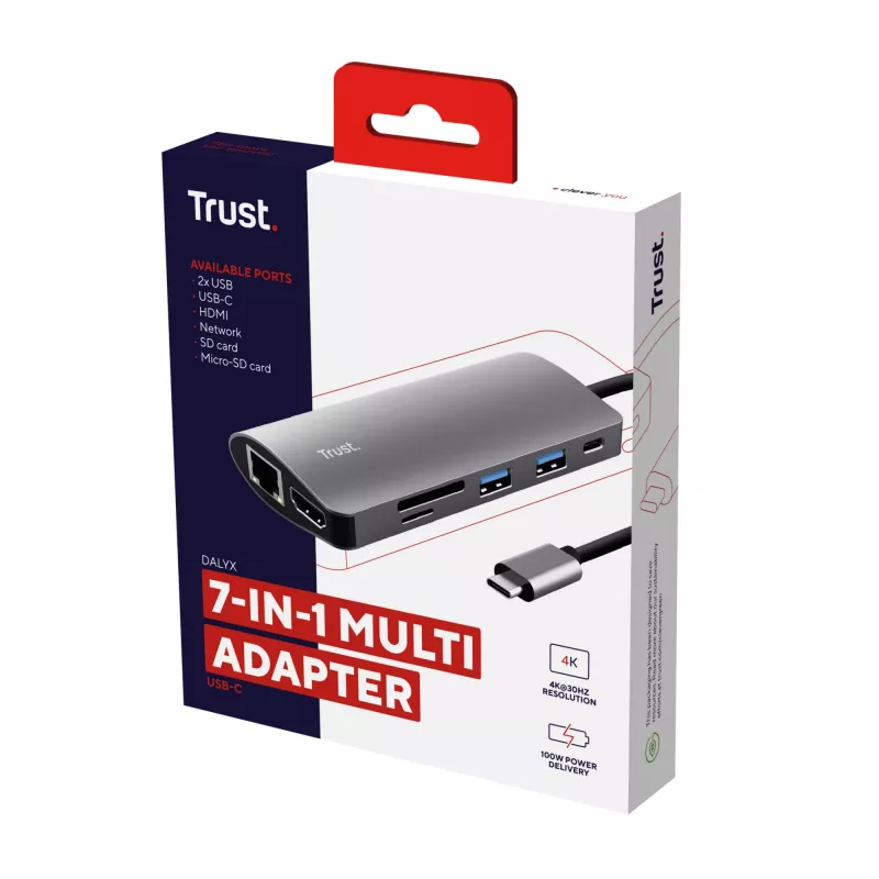 Trust Dalyx 23775 7-in-1 USB-C-multiportadapter, USB-C 3.2, HDMI, RJ-45 Gigabit Ethernet, SD/microSD-kaartlezer, zilver