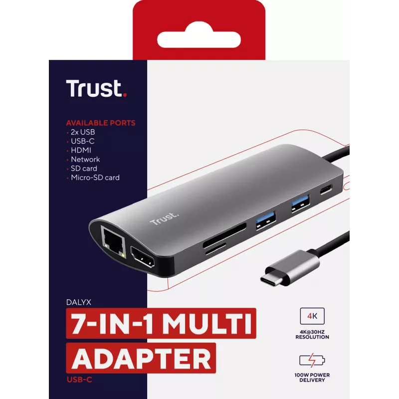 Trust Dalyx 23775 7-in-1 USB-C-multiportadapter, USB-C 3.2, HDMI, RJ-45 Gigabit Ethernet, SD/microSD-kaartlezer, zilver