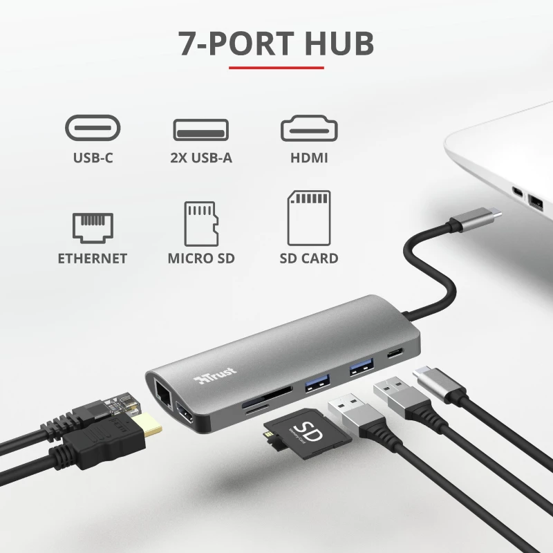 Trust Dalyx 23775 7-in-1 USB-C-multiportadapter, USB-C 3.2, HDMI, RJ-45 Gigabit Ethernet, SD/microSD-kaartlezer, zilver