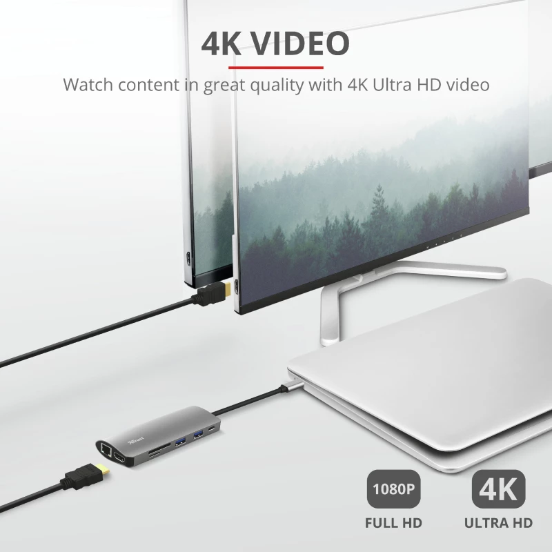 Trust Dalyx 23775 7-in-1 USB-C-multiportadapter, USB-C 3.2, HDMI, RJ-45 Gigabit Ethernet, SD/microSD-kaartlezer, zilver