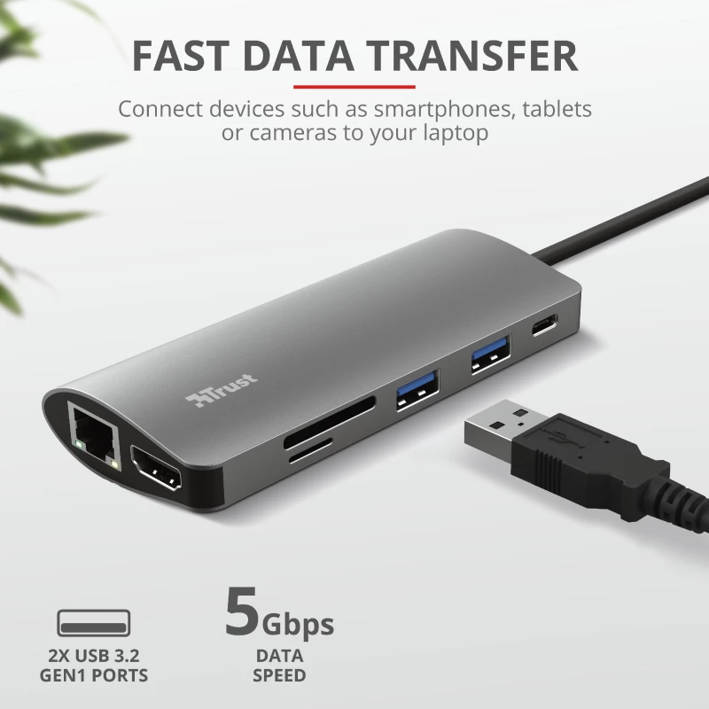 Trust Dalyx 23775 7-in-1 USB-C-multiportadapter, USB-C 3.2, HDMI, RJ-45 Gigabit Ethernet, SD/microSD-kaartlezer, zilver