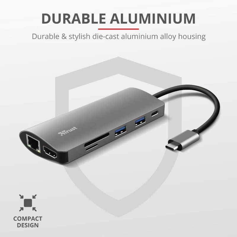 Trust Dalyx 23775 7-in-1 USB-C-multiportadapter, USB-C 3.2, HDMI, RJ-45 Gigabit Ethernet, SD/microSD-kaartlezer, zilver
